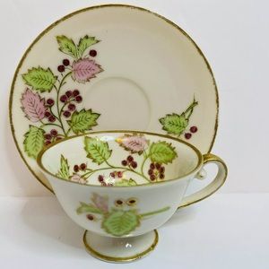 Tea Cup And Saucer Berries Leaves Gold Trim Hand Painted Shafford Japan 1950s